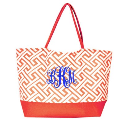 32528-CORAL GREEK KEY DESIGN SHOPPING OR BEACH BAG(SMALL)